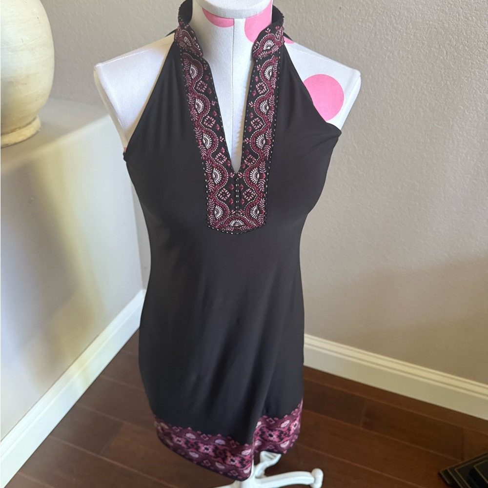 WHBM Embroidered Halter Dress, Pink and Black, Size XS